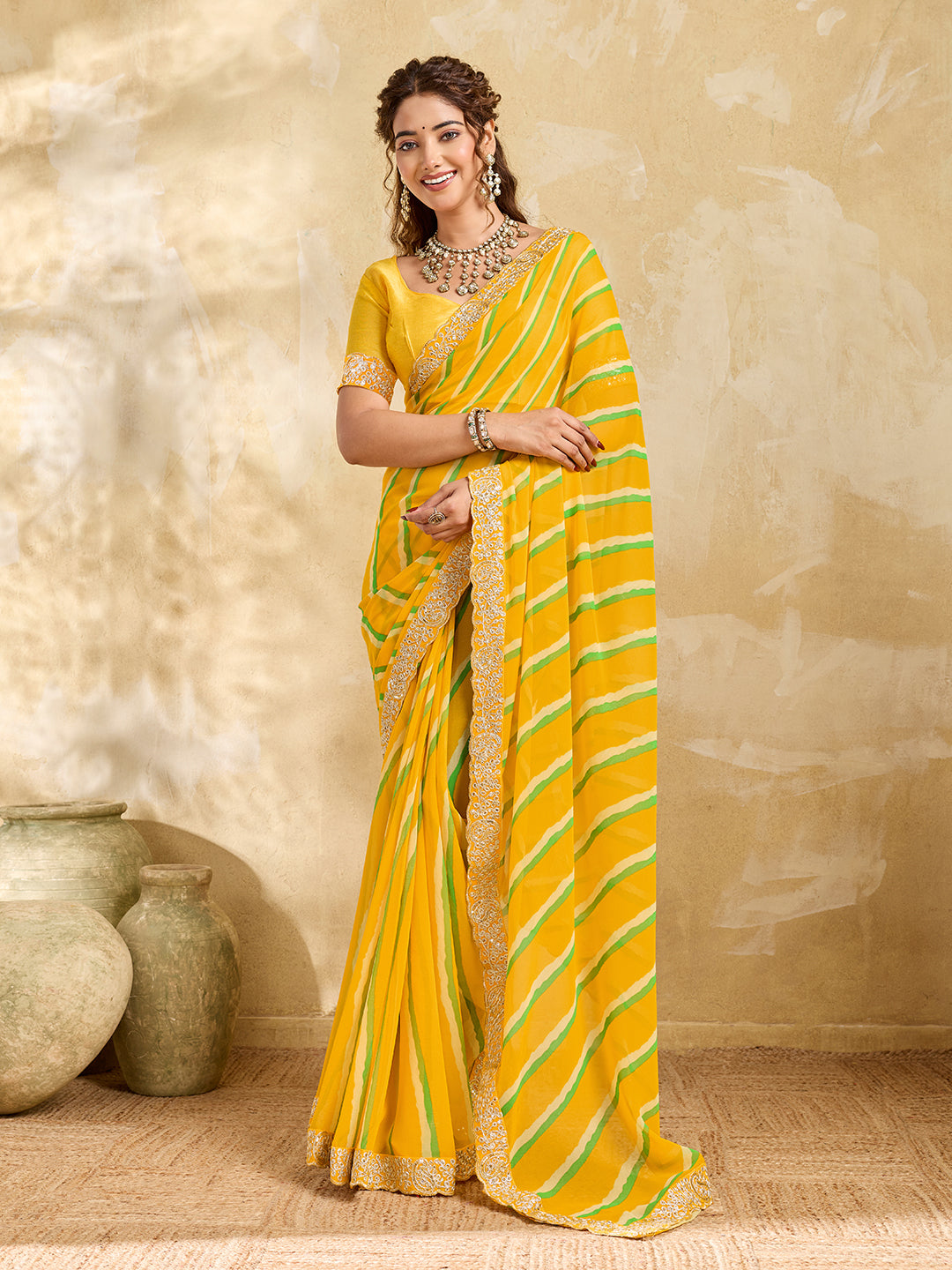 By Latest New Chiffon Leheriya Style With Embroidery Border Work Saree