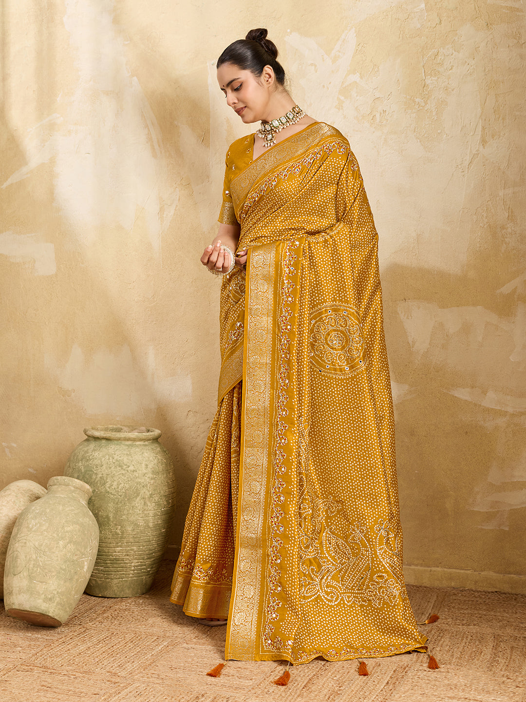KcPc New Viscos Silk Bandhani Print Aari tari work Saree Green GAN