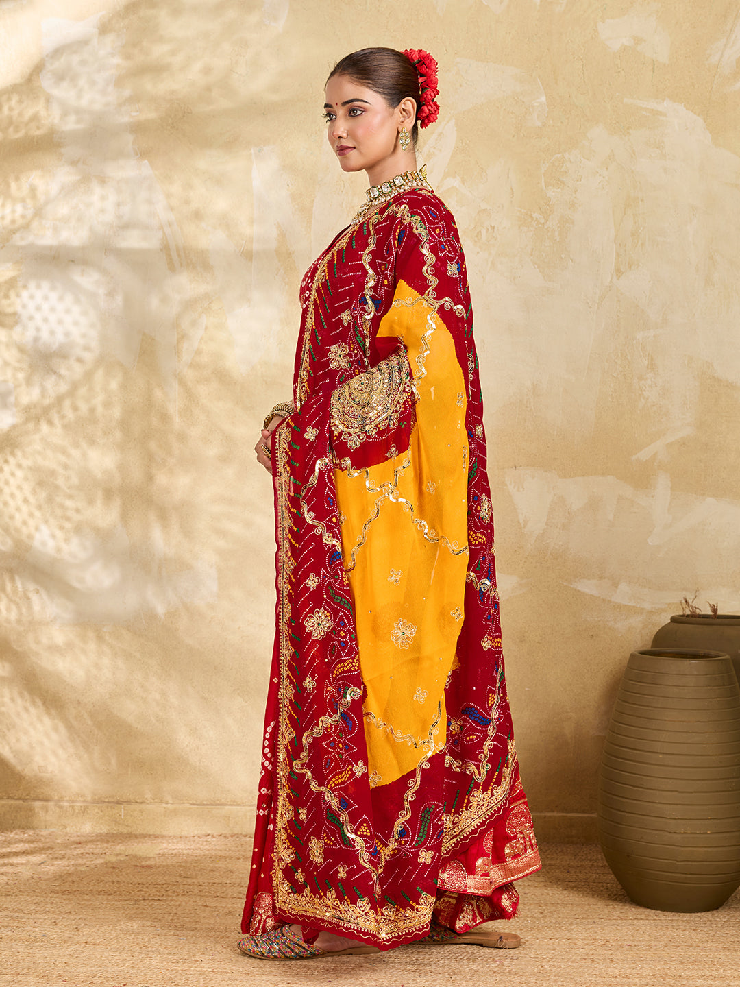 KcPc Pure Georgette Handmade Bandhej With Zari Thread Work Chunri (Pomcha)