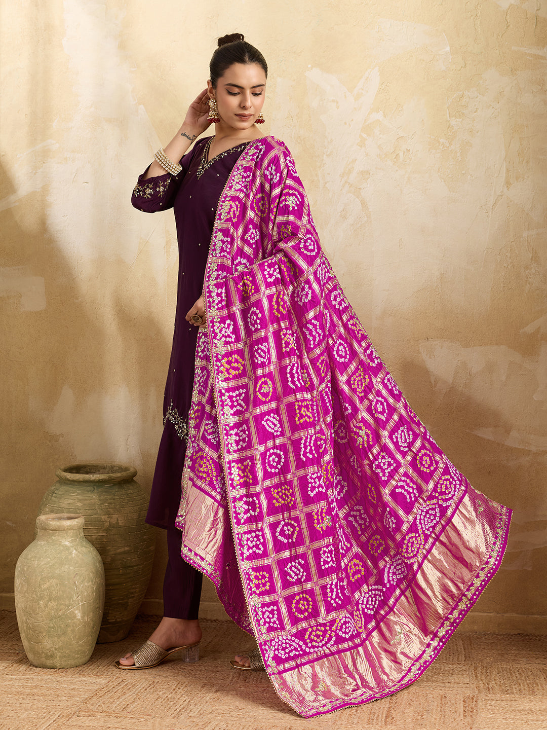 KcPc Traditional Modal Gaji Silk Bandhani Dupatta with Gota PattiGulinWork MEG