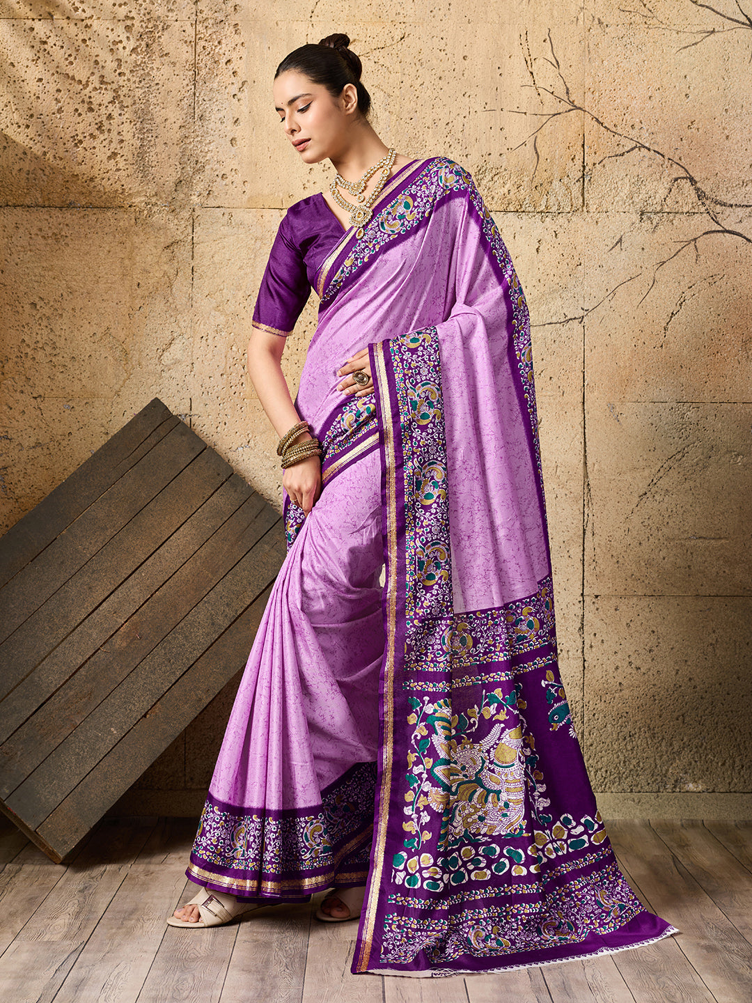 Silk Printed Style With Zari Border Work Saree in purple colour
