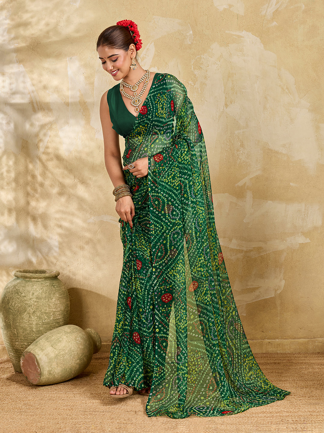 Buy green colour geometric patterned saree with bandhani style dots under 500