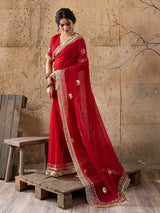 Buy Red saree with gold embroidery gatapati work in red colour