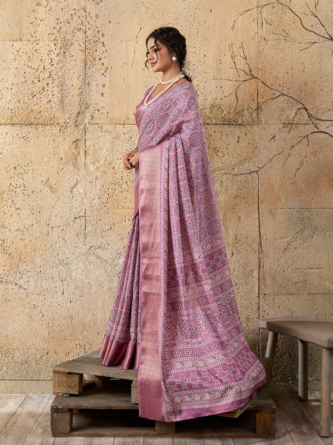 Cotton silk Ajrakh style Saree under 1000