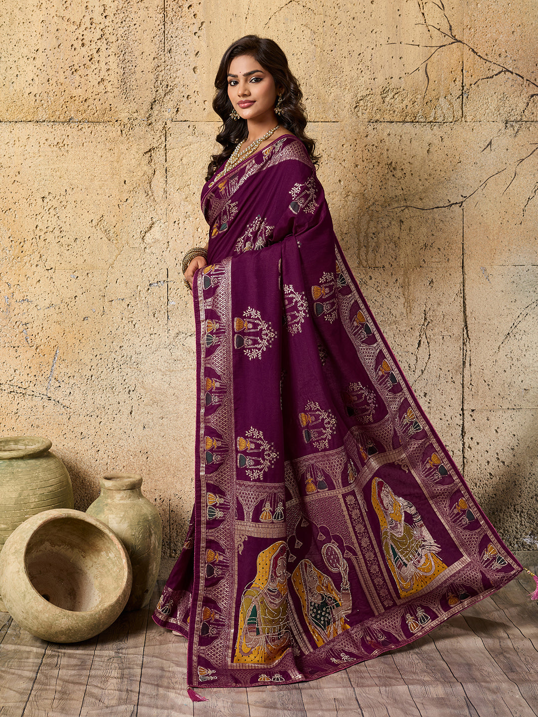 Silk Dimond Work Saree in wine colour for festival