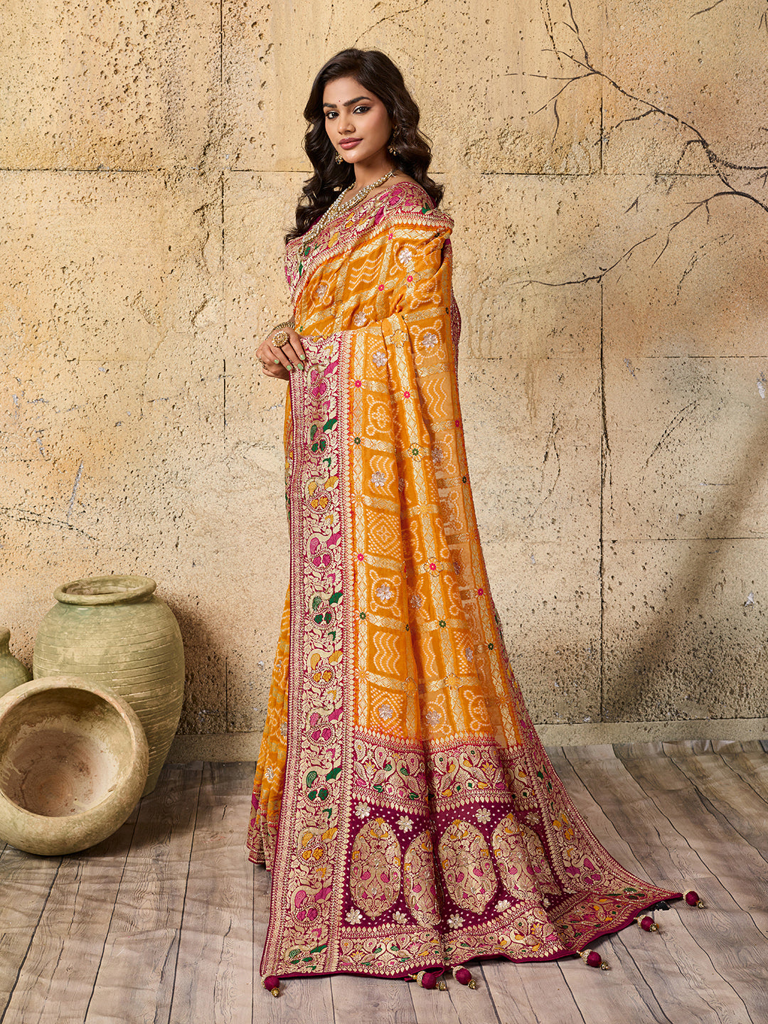 Georgette Gharchola Bandhej Cutdana Gotapatti Work Saree