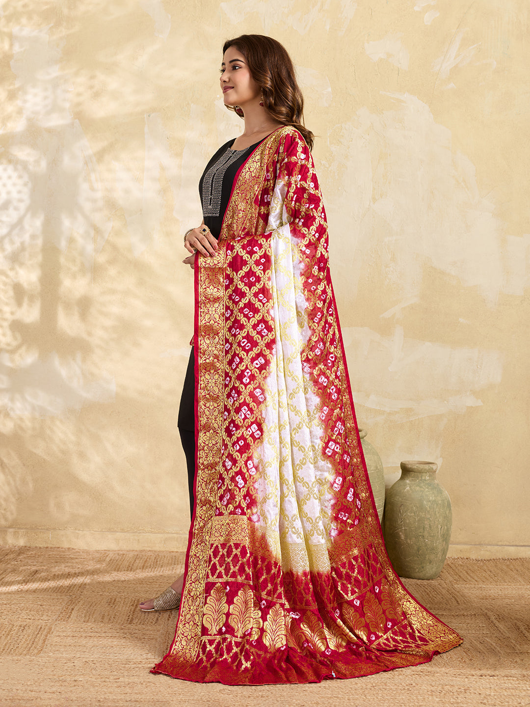 KcPc Special Silk Bandhani Dupatta with Handmade Work White RedSA