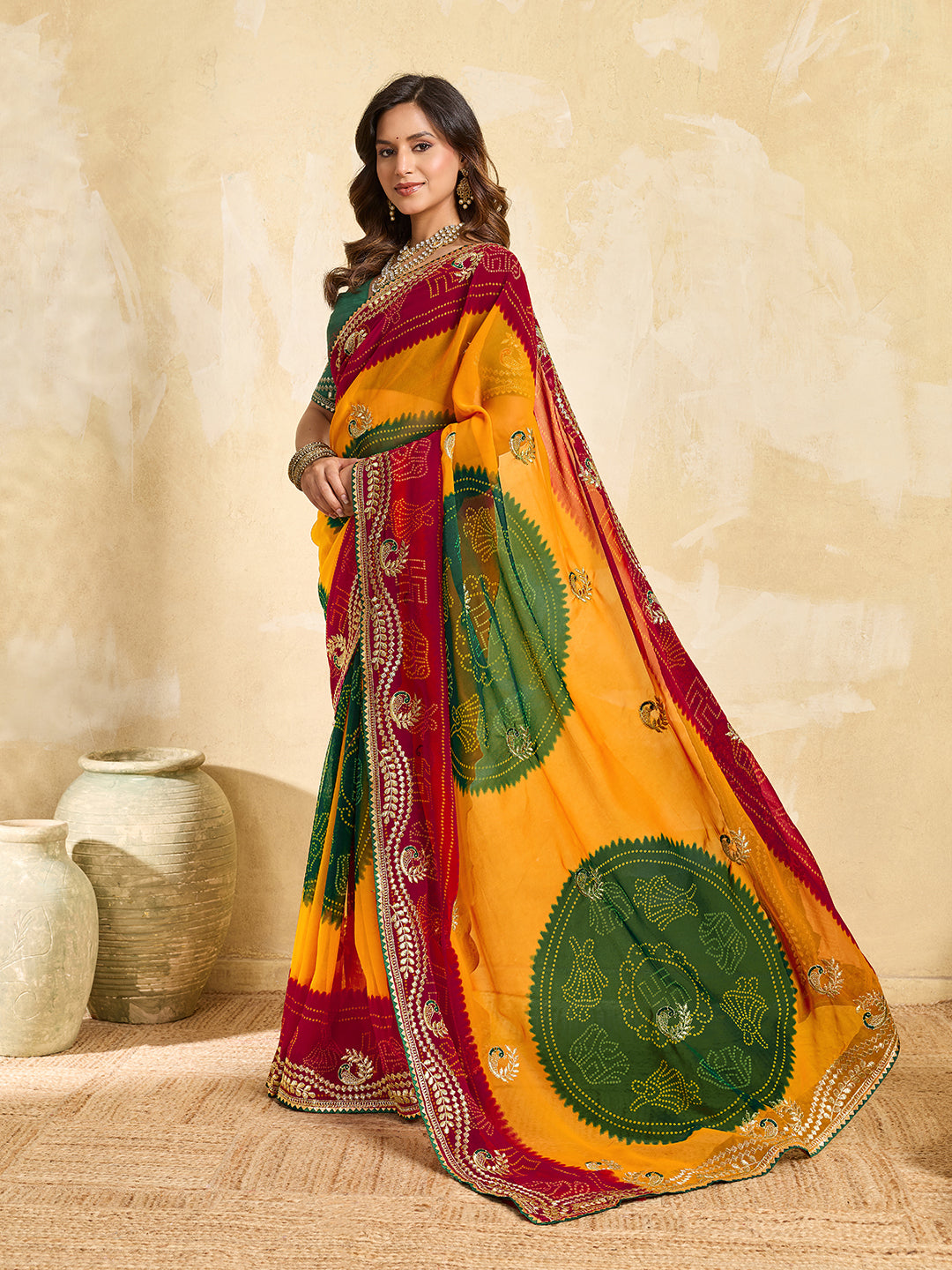 Buy Bandhani Saree With Embroidery Work