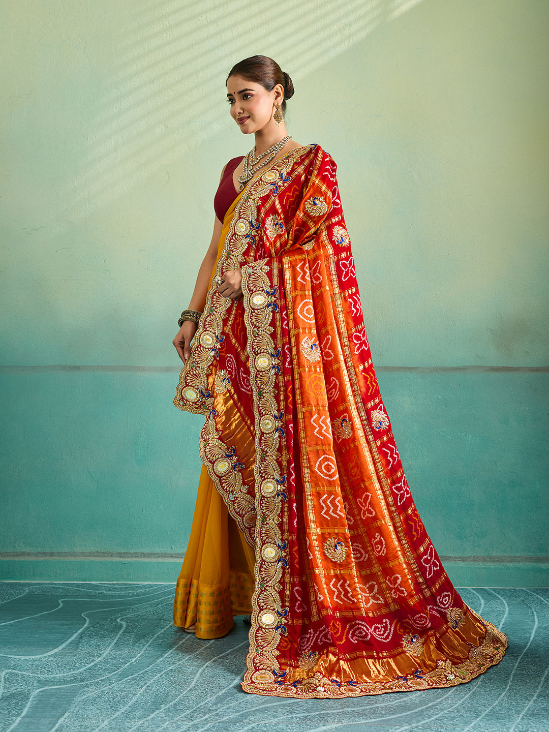 KcPc Traditional Gaji Silk Bandhani Pila Chunri with Zardosi Work With Silver Coins MNL
