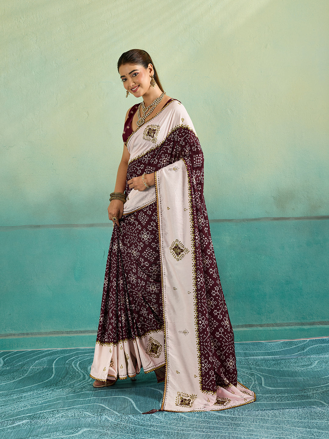 KcPc New Latest Creap Silk Ajrakh Style With Stone Work Saree STR