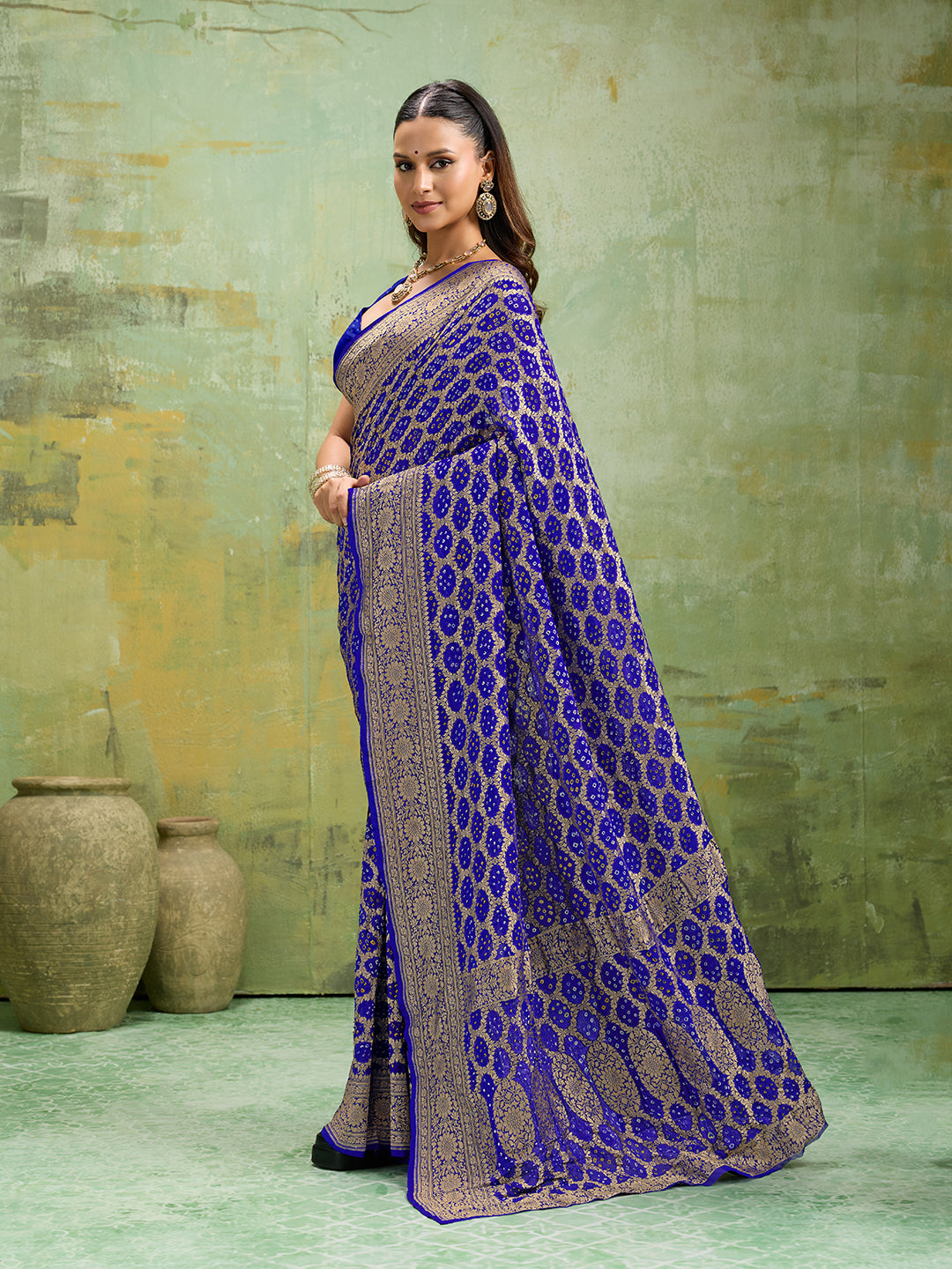 KcPc New Launch Pure Khaddi Georgette Upada Neemzari Bandhej SareeRoyal Blue