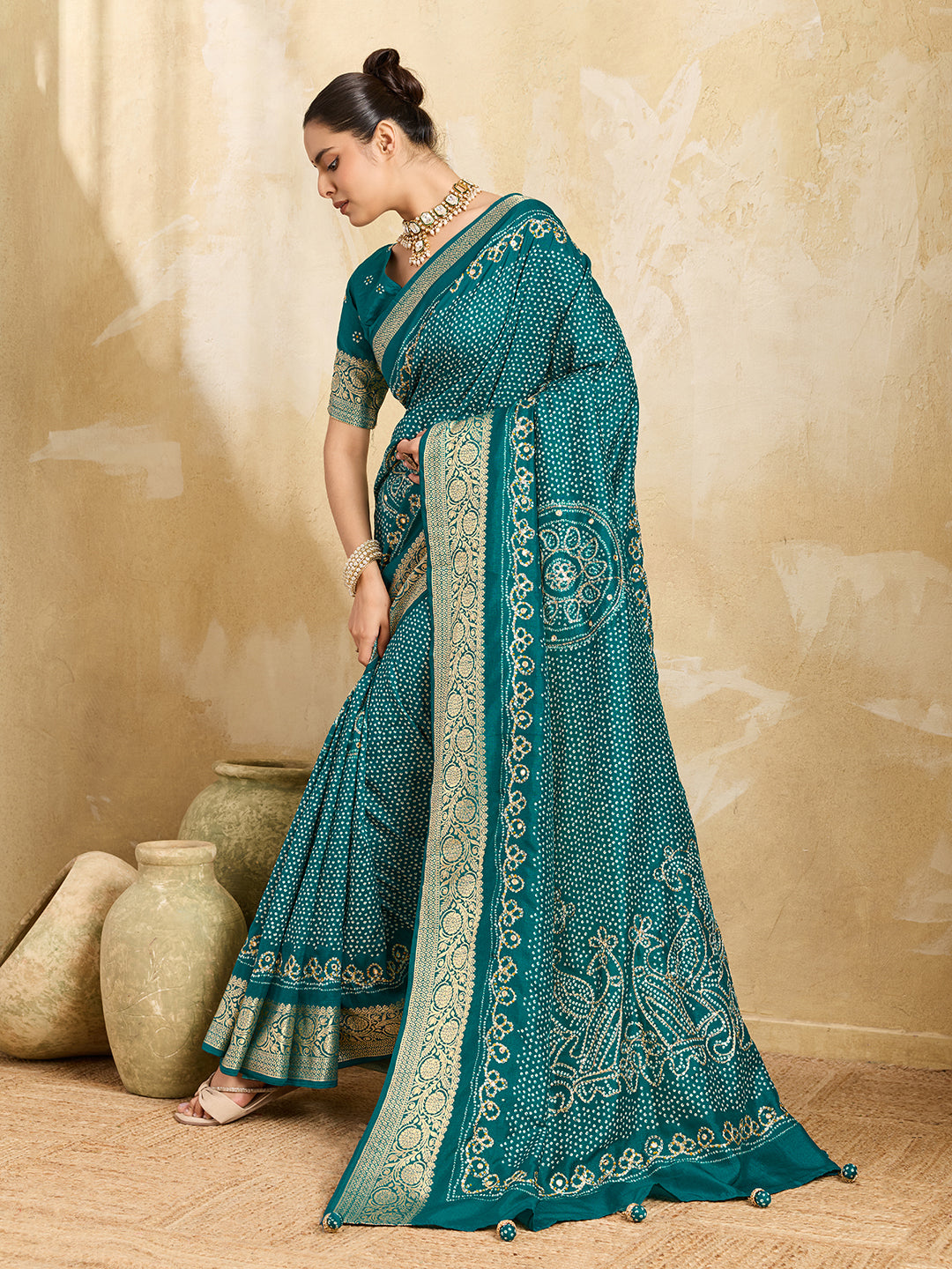 KcPc New Beautiful Viscos Silk Bandhani PrintAari tari work Saree Green GAN