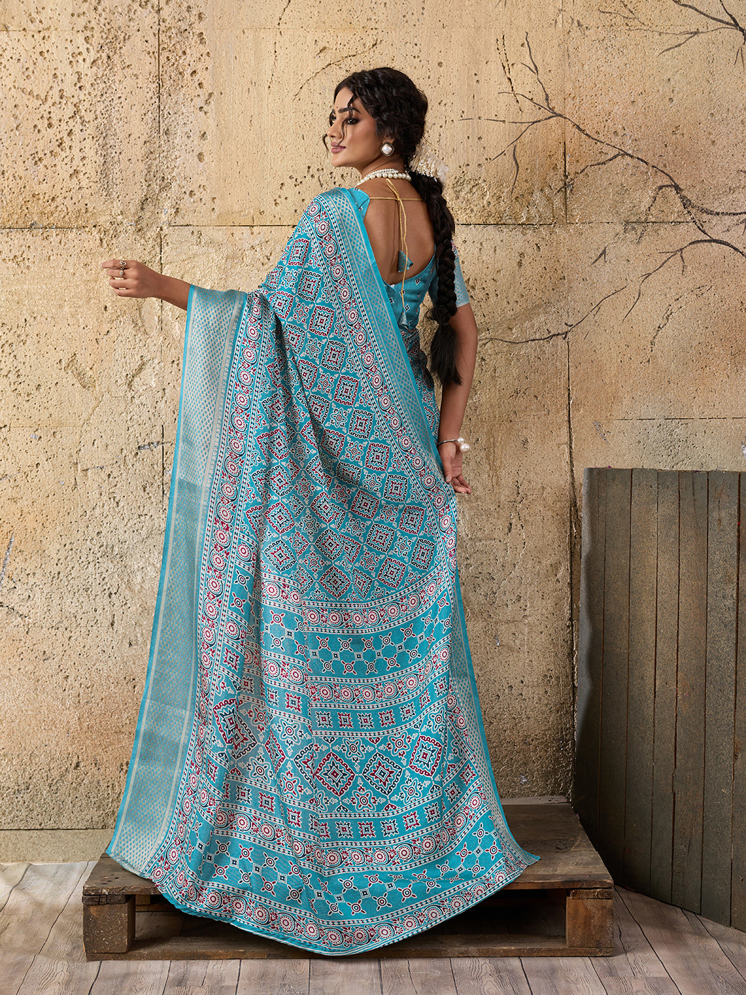 Cotton silk Ajrakh style Saree under 1000