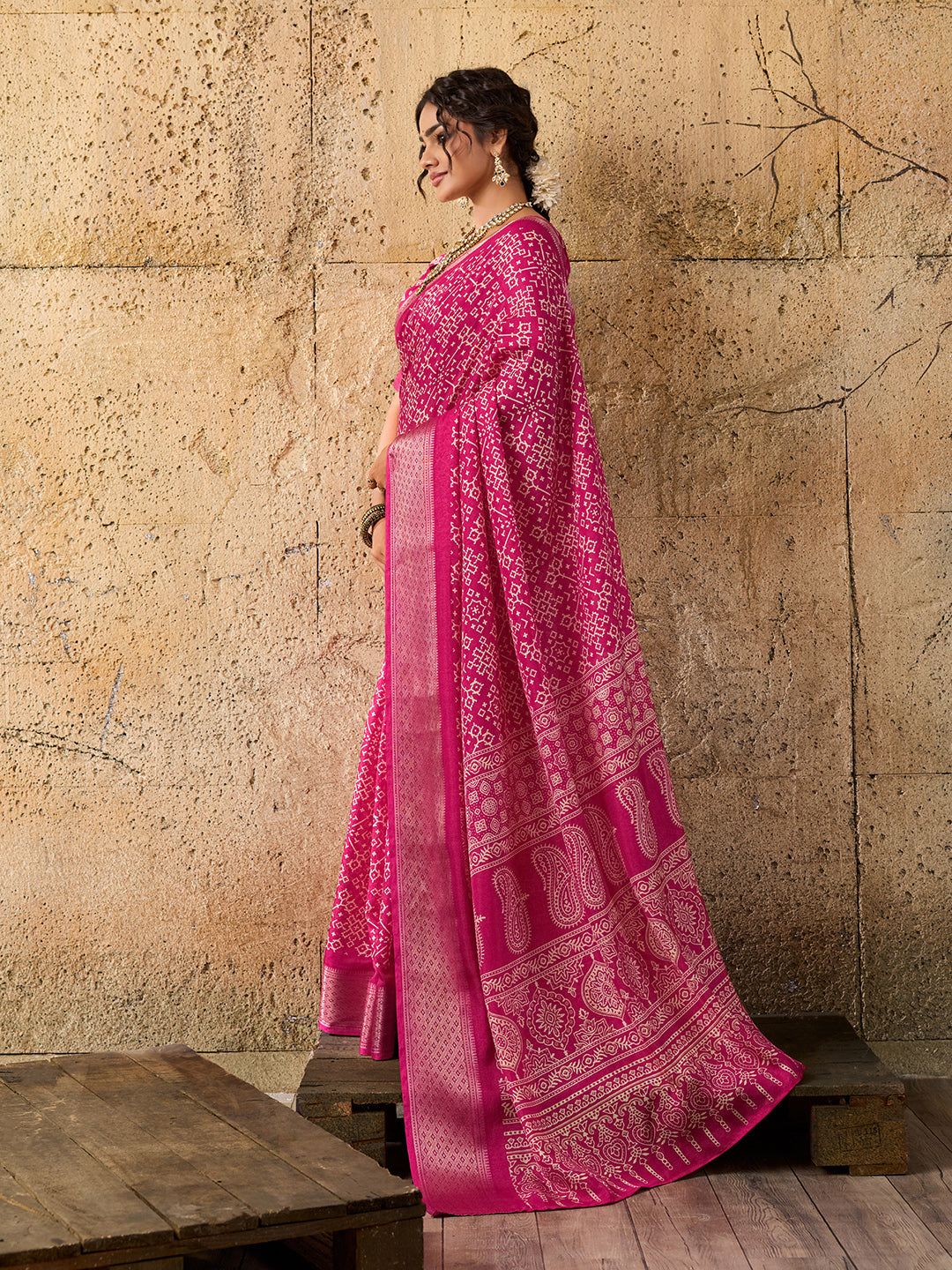 KcPc New Cotton silk Ajrakh style With Ajrakh HandPrint Work Saree STL