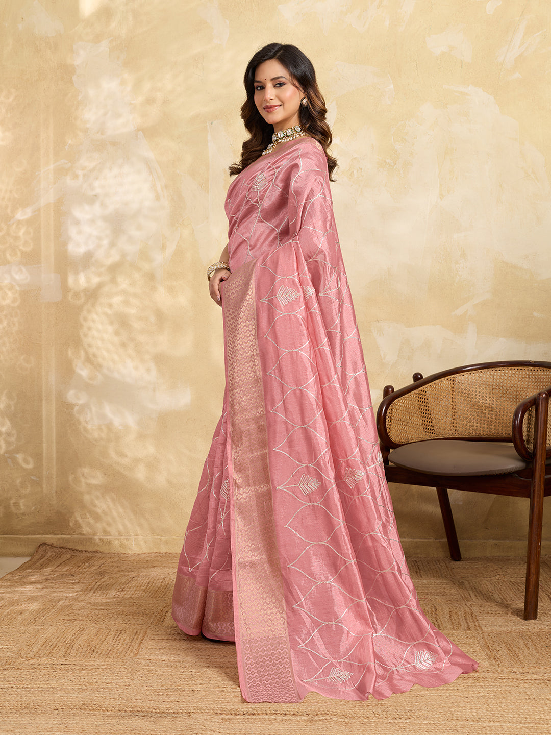 Cotton Silk Gotapatti Work Saree peach colour under 1000