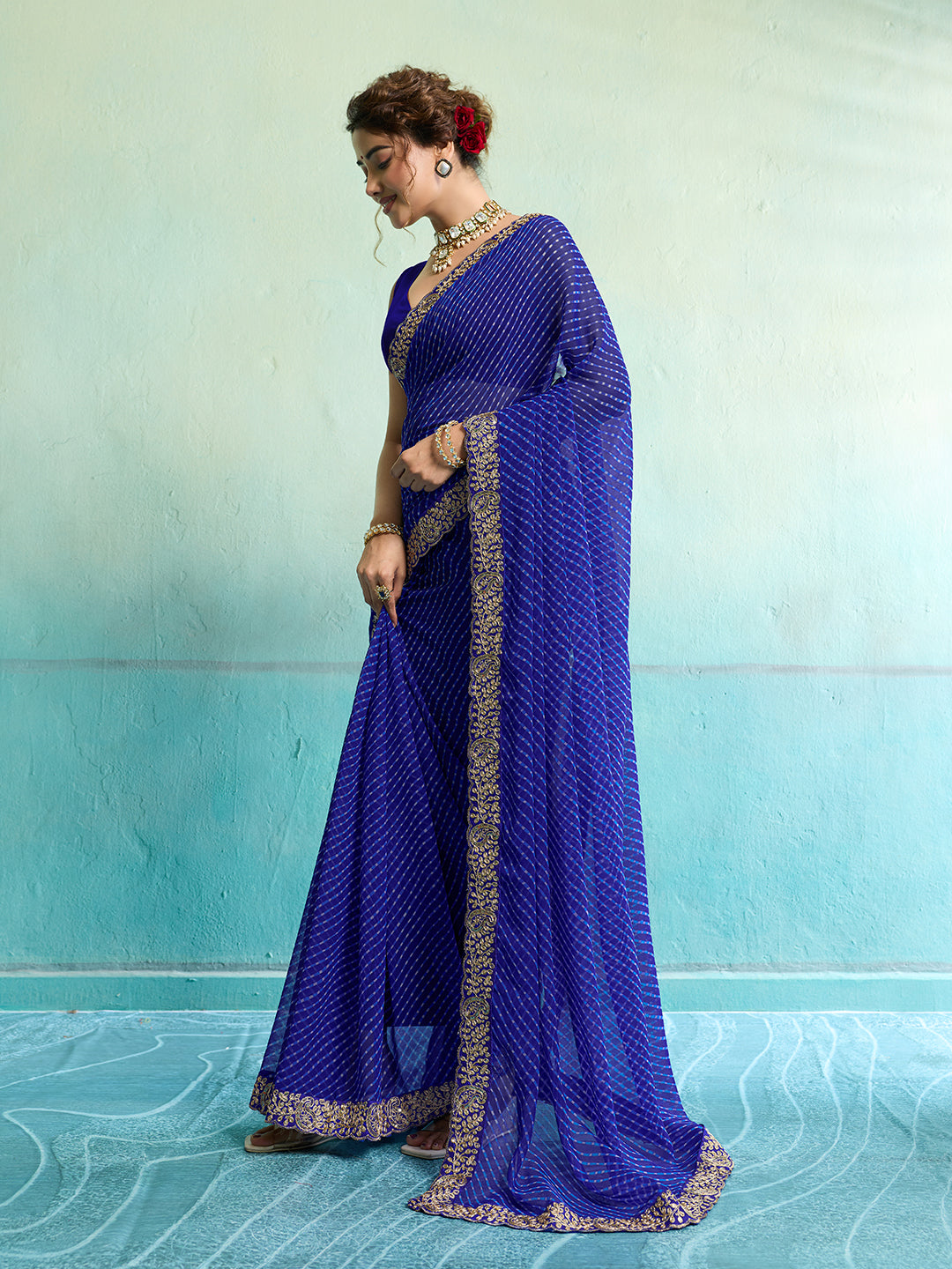 Buy New Spiceal Chiffon Leheriya Style With Embroidery Border Work Saree
