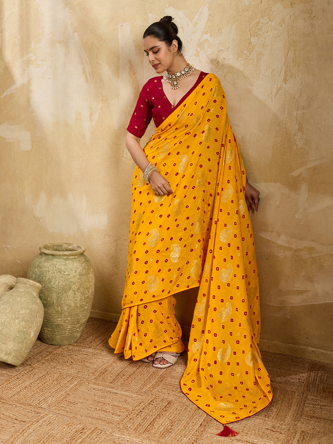 BuyDola Silk Bandhani Saree with Elegant Zari BorderKcPc