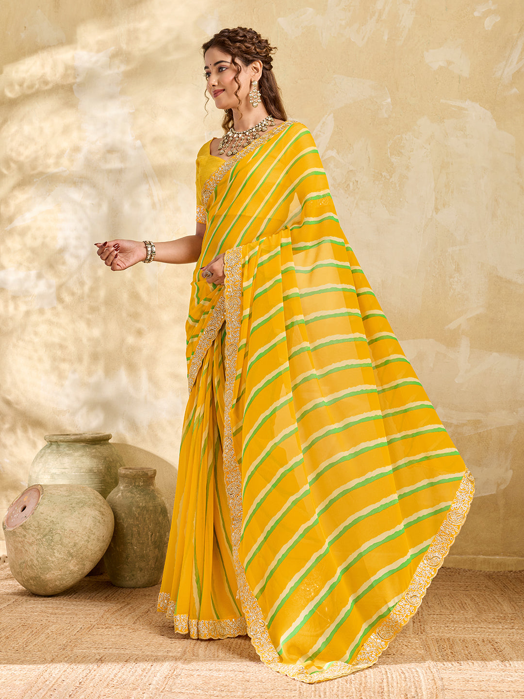 By Latest New Chiffon Leheriya Style With Embroidery Border Work Saree