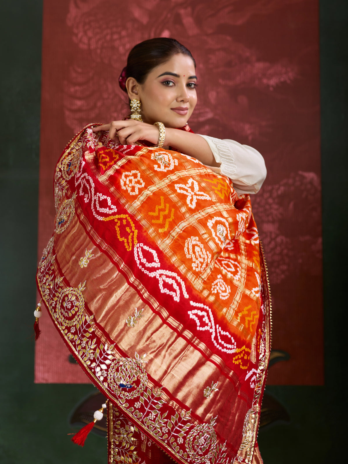 KcPc New Designer Pure Gaji Silk Banarasi Bandhej Ghatchola Gotapatti Work Dupatta AMT