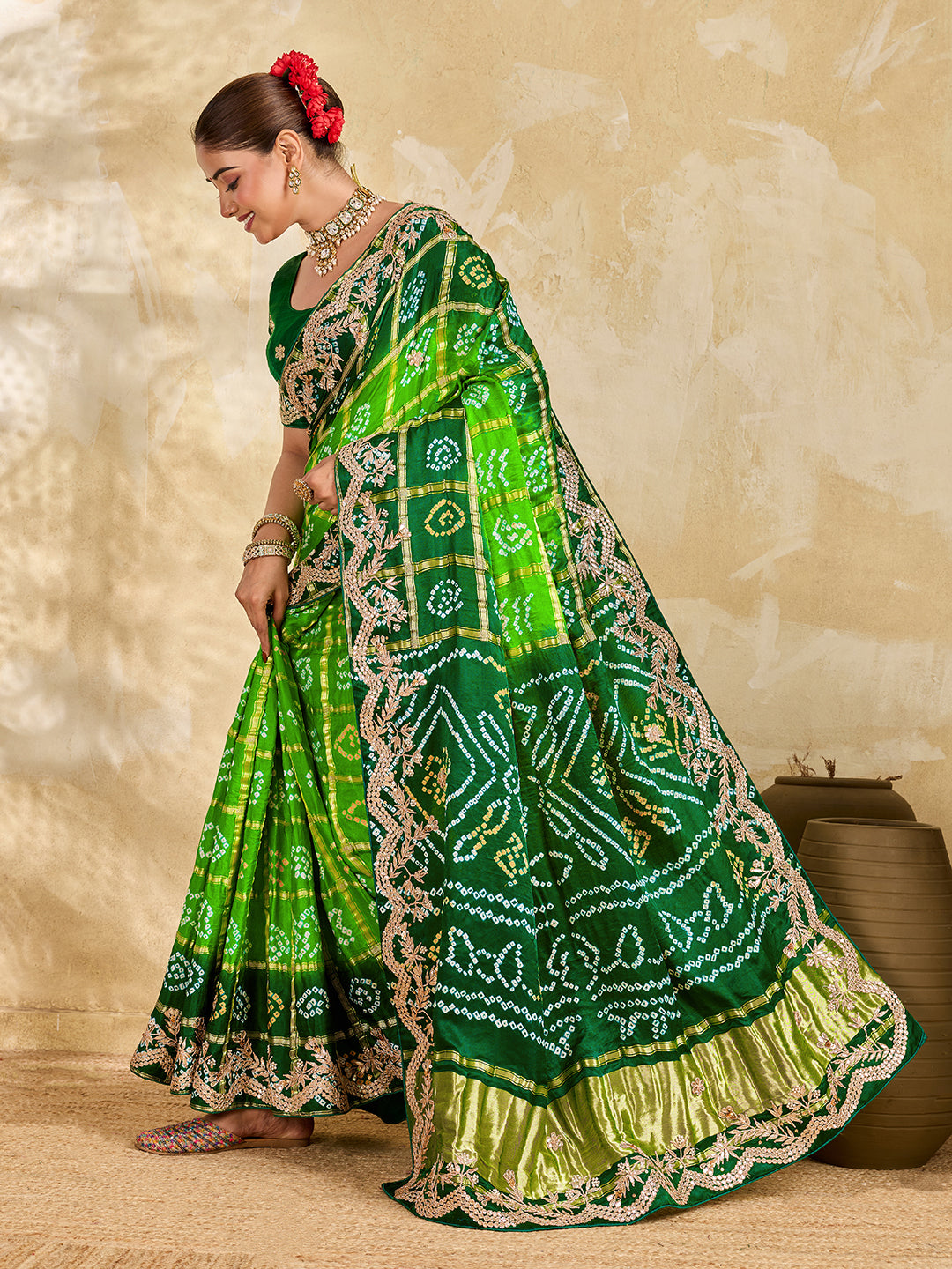 Buy Gaji Silk Saree With Bandhani Style Gota Patti Work KcPc
