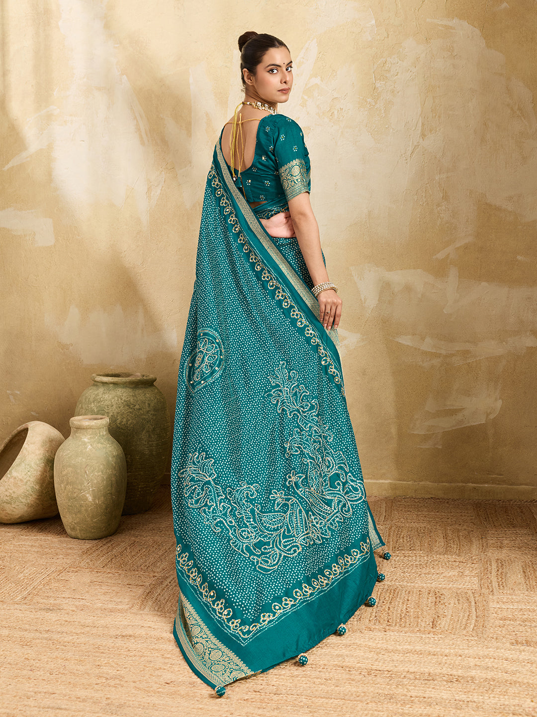 KcPc New Beautiful Viscos Silk Bandhani PrintAari tari work Saree Green GAN