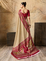 a red and beigeSilk Printed Style With Zari Border Work Saree