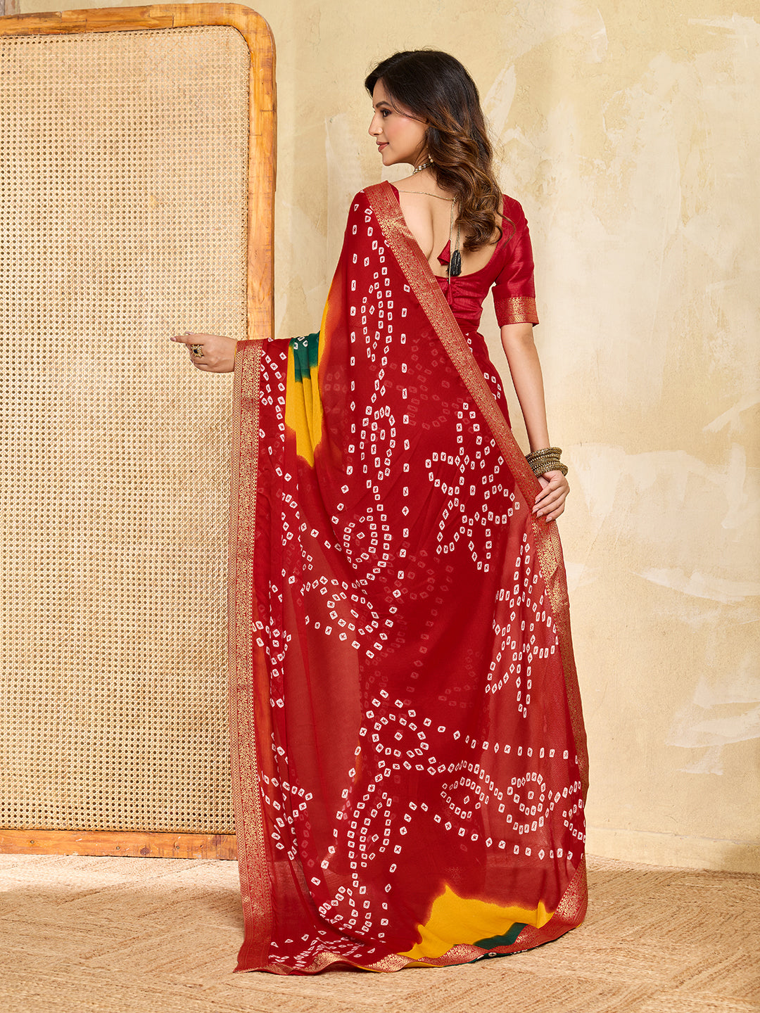 KcPc New Moss Chiffon Georgette Bandhani Style Saree with Zari Border KDN