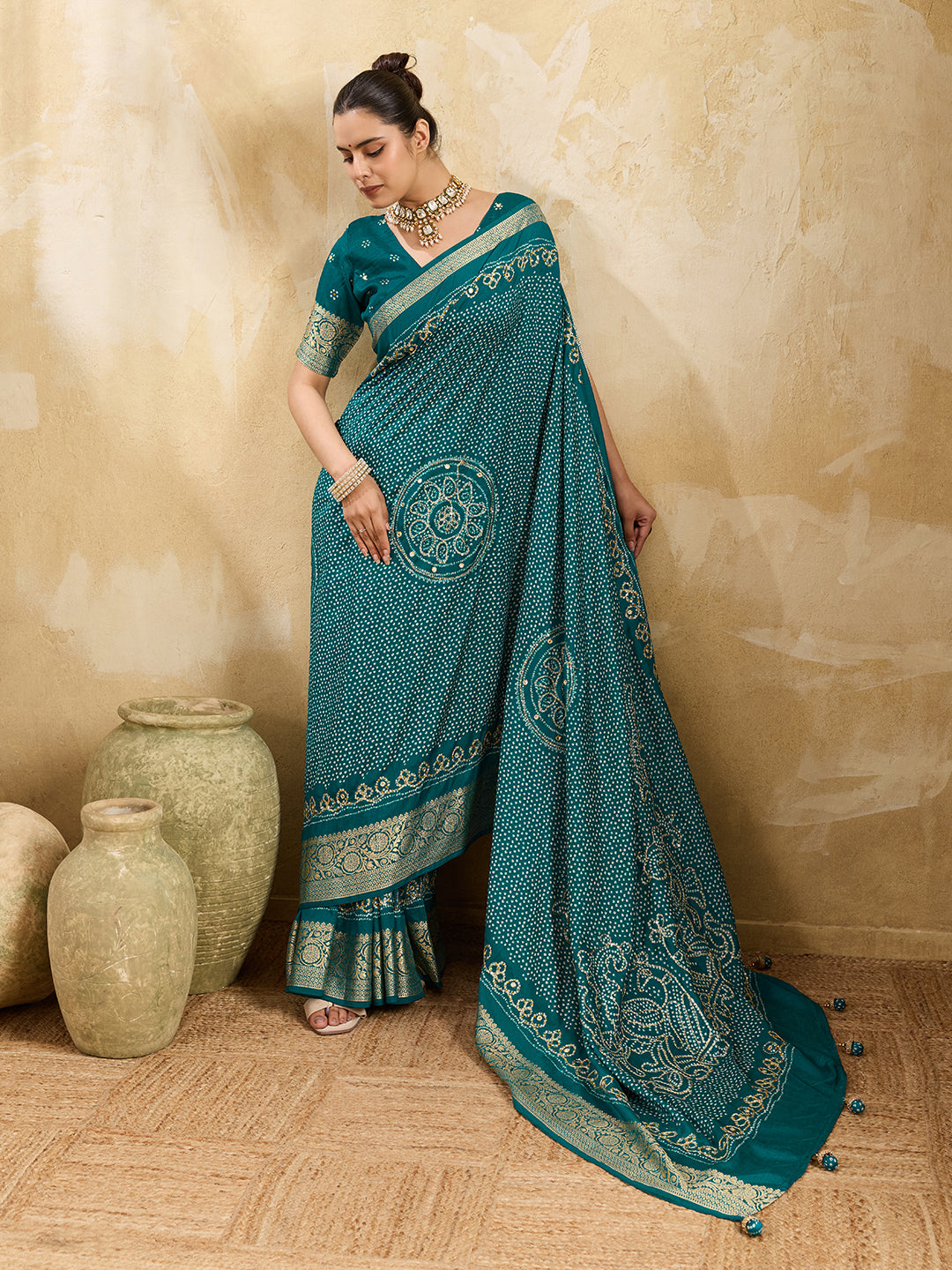 KcPc New Beautiful Viscos Silk Bandhani PrintAari tari work Saree Green GAN