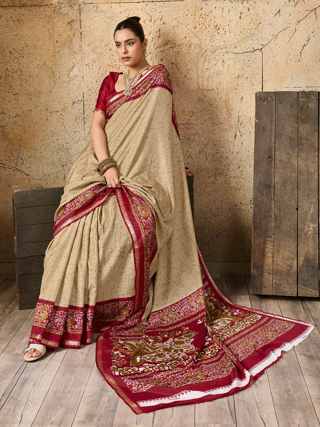 a red and beigeSilk Printed Style With Zari Border Work Saree