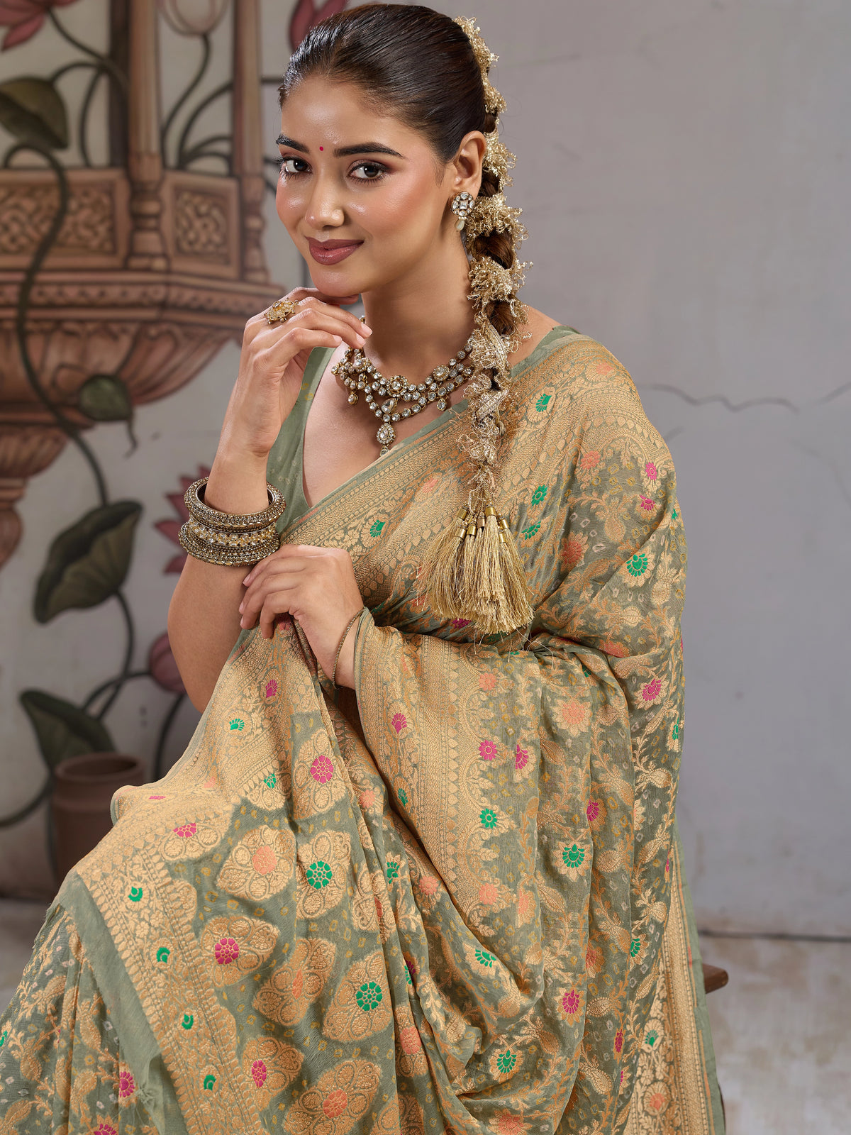 KcPc Traditional Royal Meenakari Pure Khaddi Georgette Saree for Women