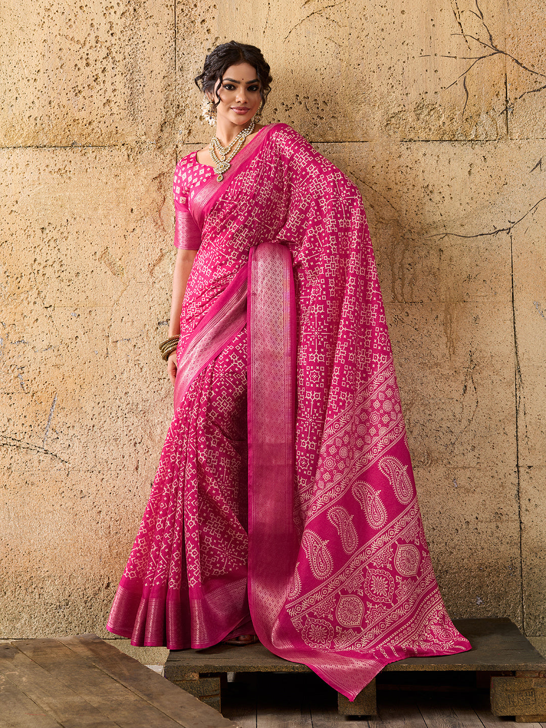 KcPc New Cotton silk Ajrakh style With Ajrakh HandPrint Work Saree STL