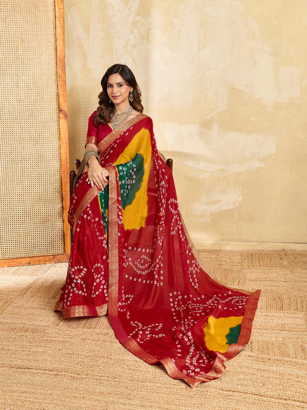 KcPc New Moss Chiffon Georgette Bandhani Style Saree with Zari Border KDN