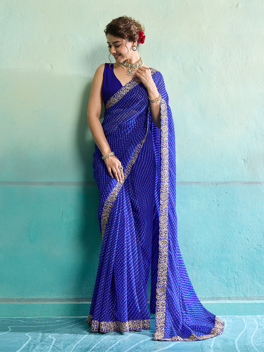 Buy New Spiceal Chiffon Leheriya Style With Embroidery Border Work Saree