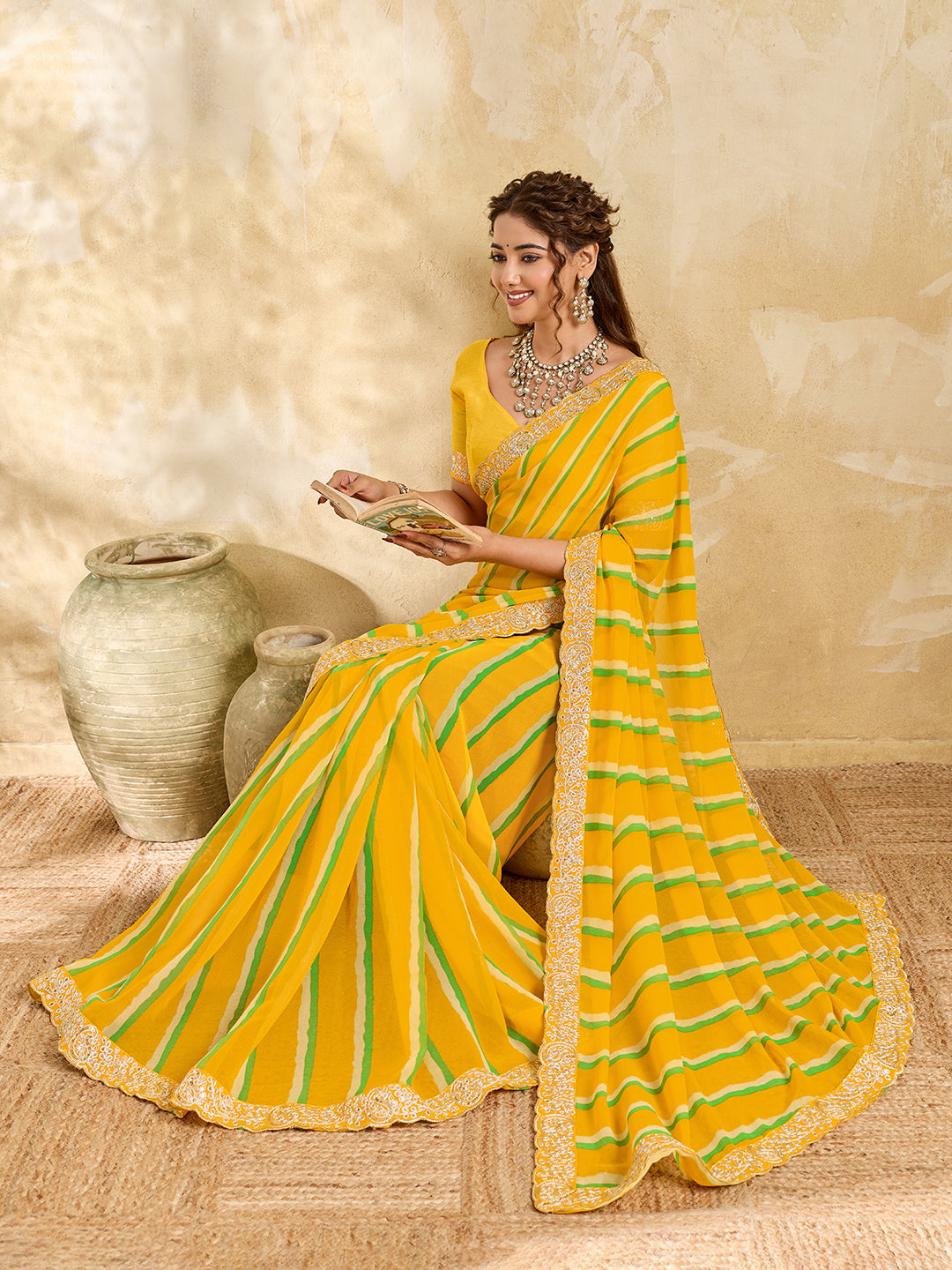 By Latest New Chiffon Leheriya Style With Embroidery Border Work Saree