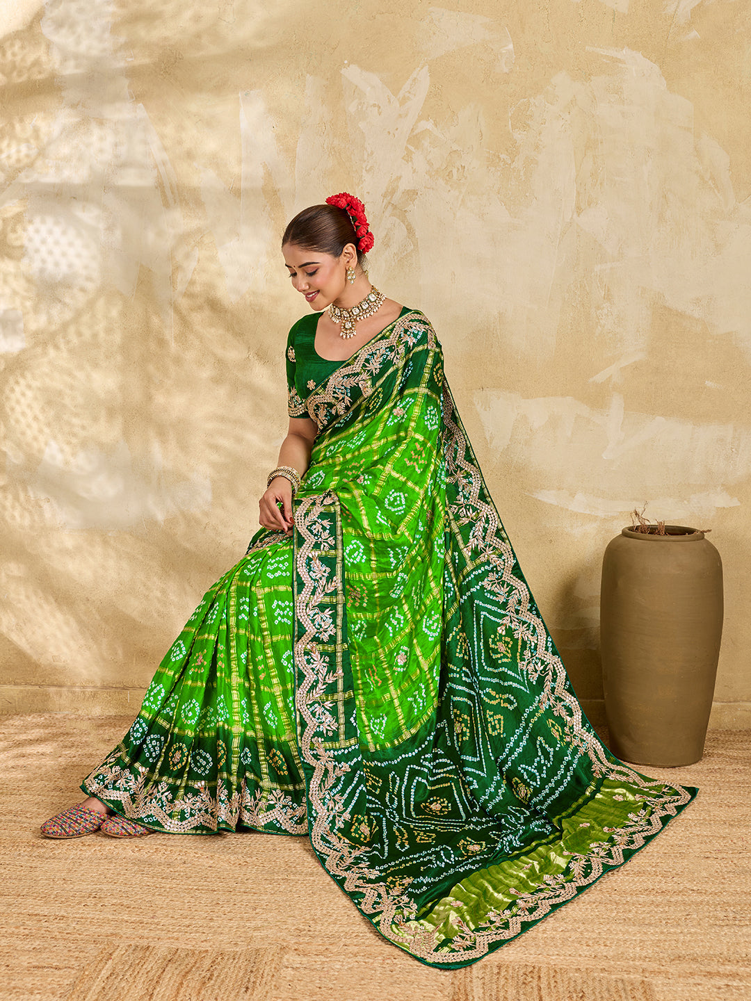 Buy Gaji Silk Saree With Bandhani Style Gota Patti Work KcPc