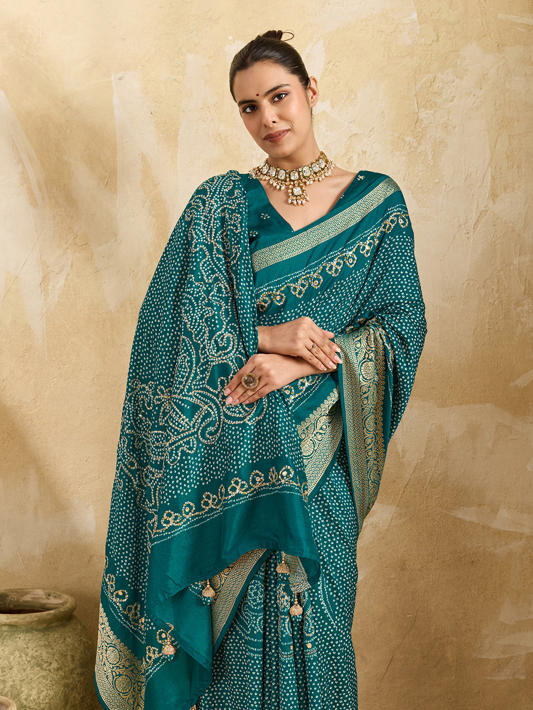 KcPc New Beautiful Viscos Silk Bandhani PrintAari tari work Saree Green GAN