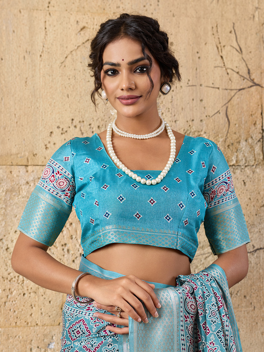 Cotton silk Ajrakh style Saree under 1000