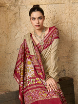 a red and beigeSilk Printed Style With Zari Border Work Saree