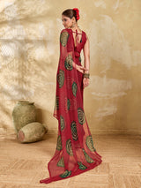 A bright red saree with bandhani print under 500