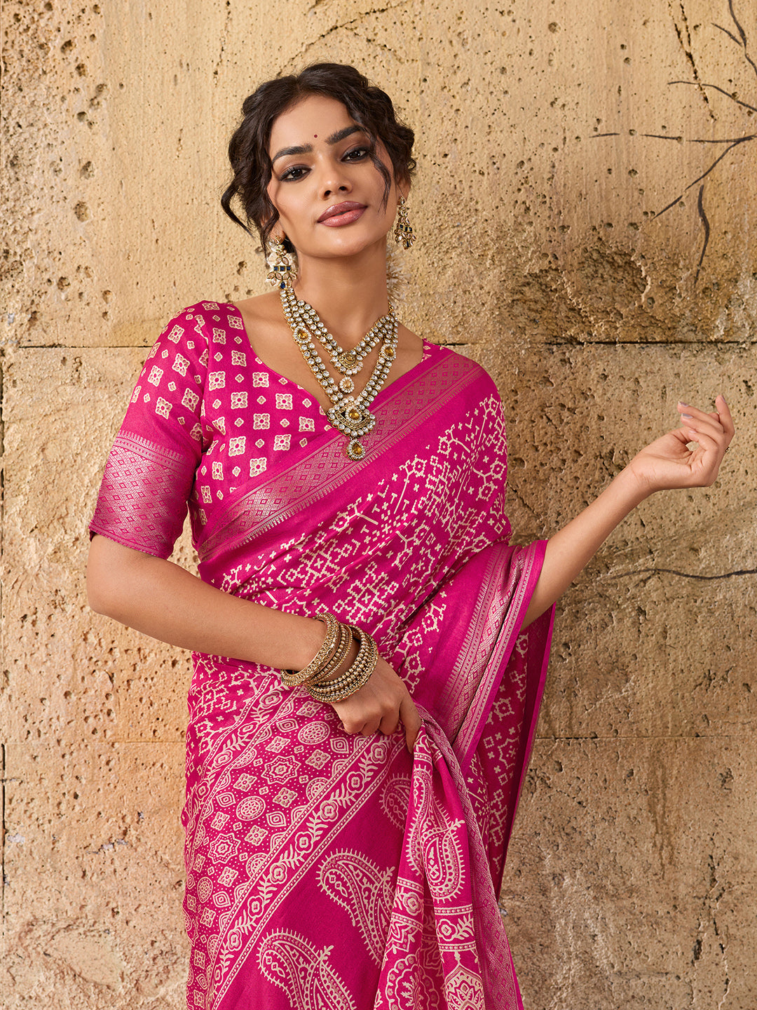 KcPc New Cotton silk Ajrakh style With Ajrakh HandPrint Work Saree STL