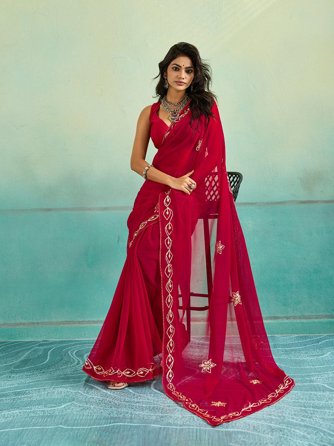 KcPc New Latest Chiffon Bollywood Style Gotapatti Work Saree MHS