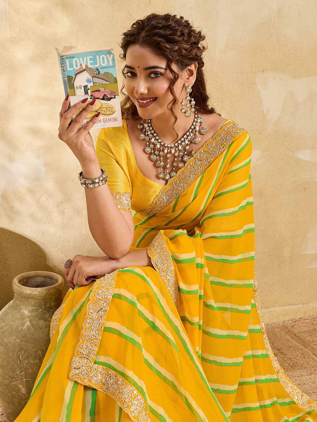 By Latest New Chiffon Leheriya Style With Embroidery Border Work Saree