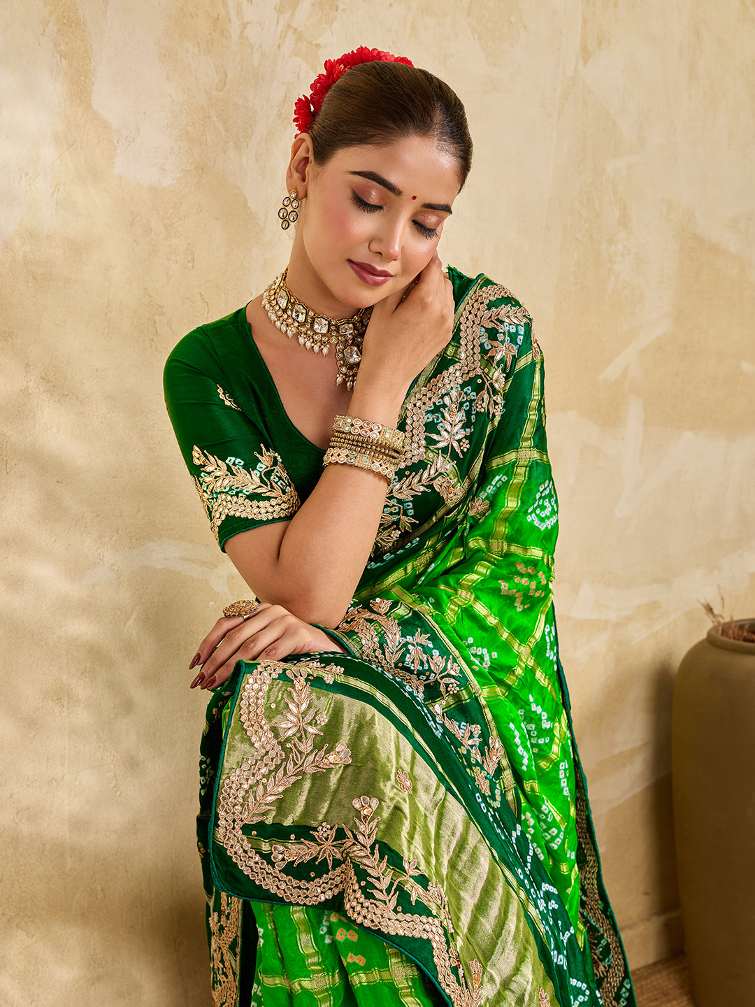 Buy Gaji Silk Saree With Bandhani Style Gota Patti Work KcPc