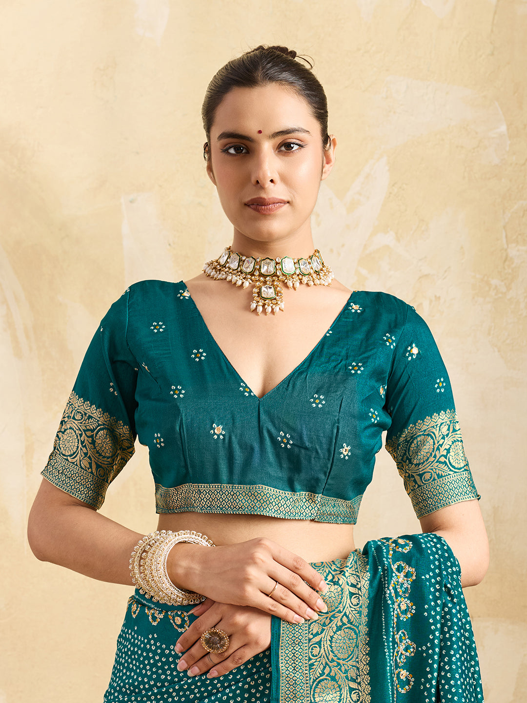 KcPc New Beautiful Viscos Silk Bandhani PrintAari tari work Saree Green GAN