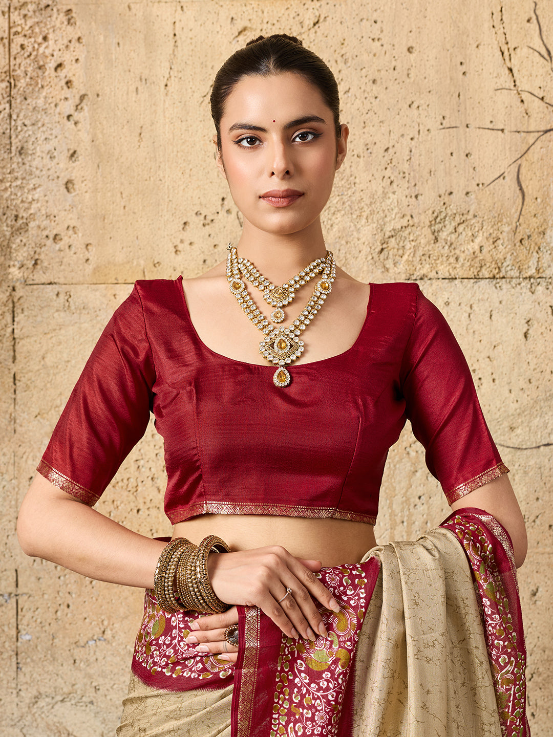a red and beigeSilk Printed Style With Zari Border Work Saree