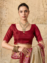 a red and beigeSilk Printed Style With Zari Border Work Saree