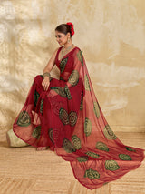 A bright red saree with bandhani print under 500