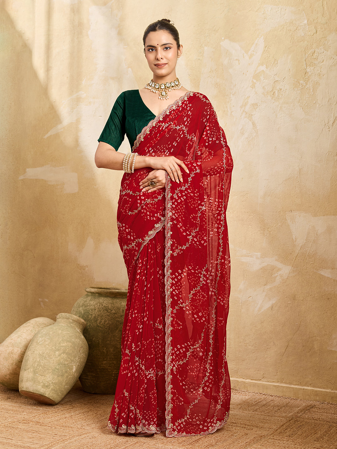 By Bandhani Saree With Kashida Emboridory Work
