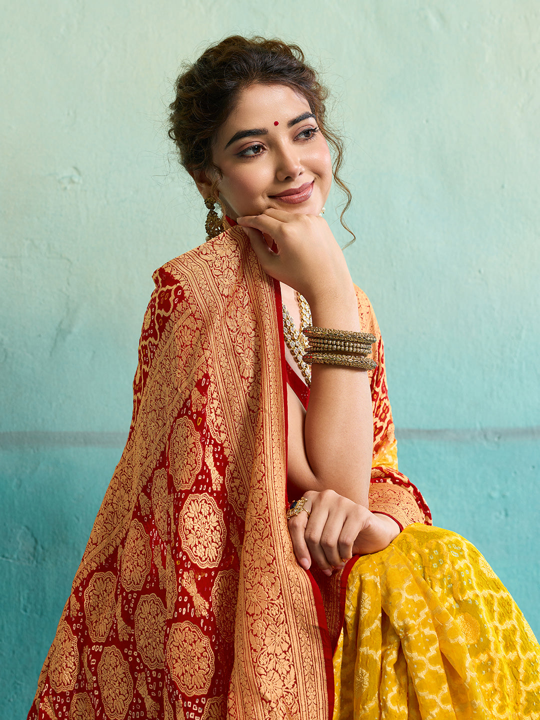 KcPc New Launch Pure Khaddi Georgette Upada Neemzari Bandhej SareeYellow Red