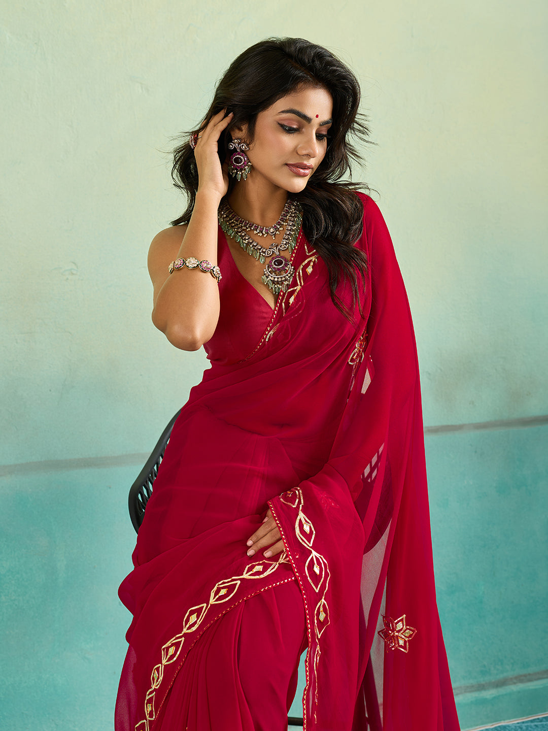 KcPc New Latest Chiffon Bollywood Style Gotapatti Work Saree MHS